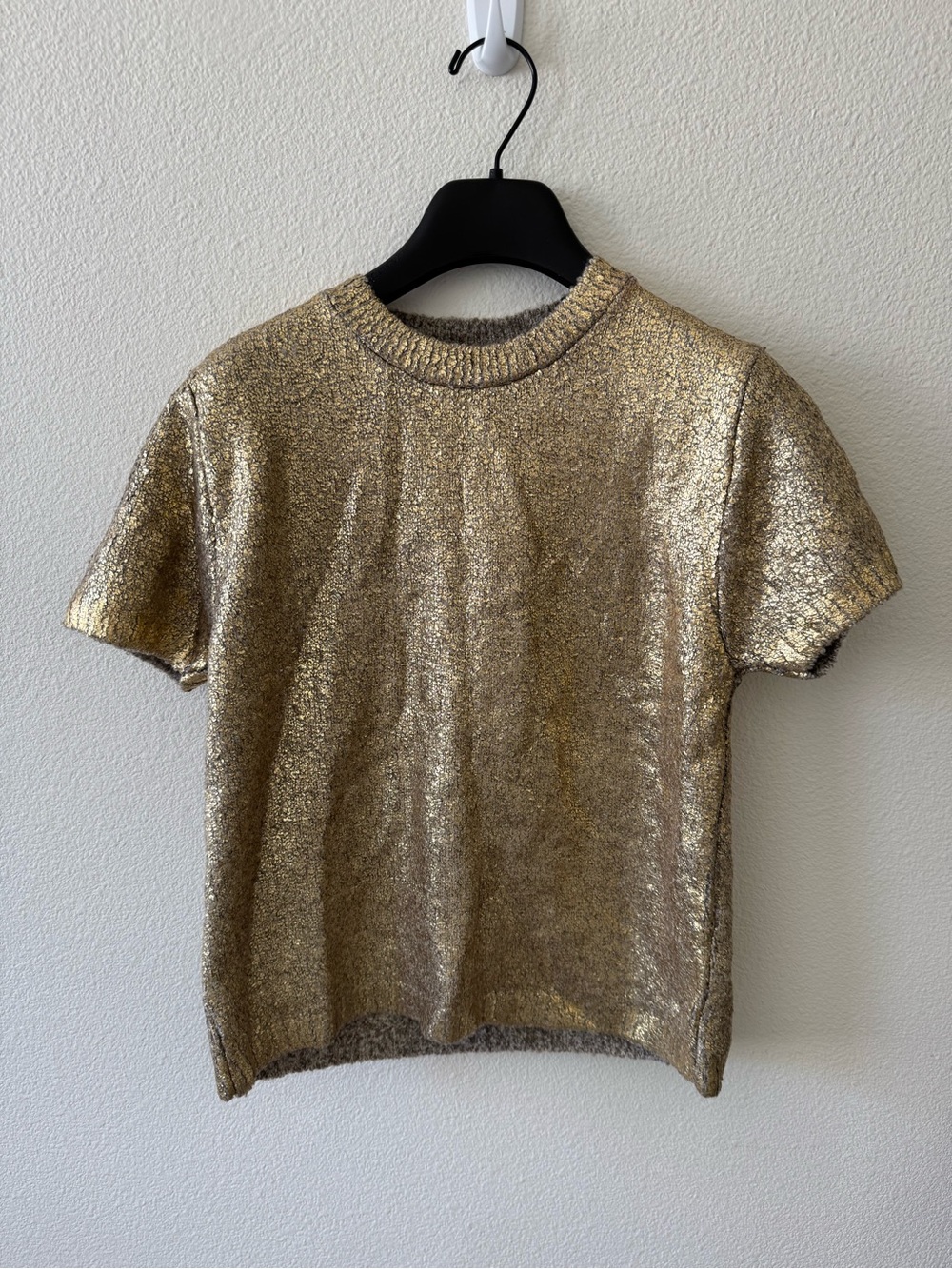 Zara Metallic Gold Short-Sleeve Crew Sweater